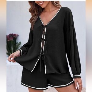 Women's Black Tie-Front Sleep Set with White Trim